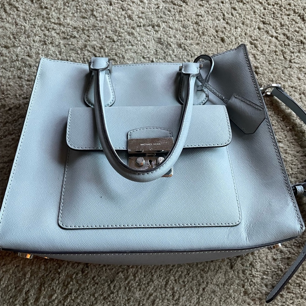 Michael Kors light blue / gray grey mid size shoulder bag lightly worn